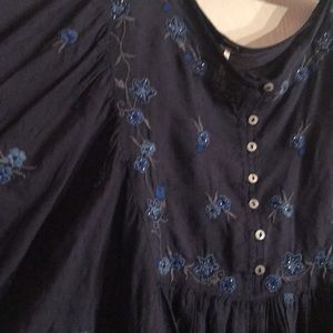 Free people tunic top shirt dress small s 4 6 beaded blue balloon  sleeves dress